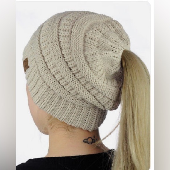CC Ponytail Beanie Hat Soft Stretch Cable Knit Tan Cream - Picture 1 of 5